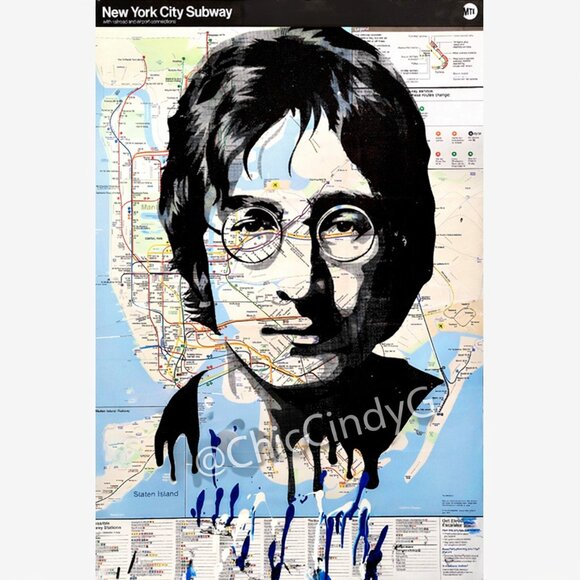 Chic Cindy Other - Rare John Lennon NYC Subway Map Art Metal Sign 8×12" Limited Edition